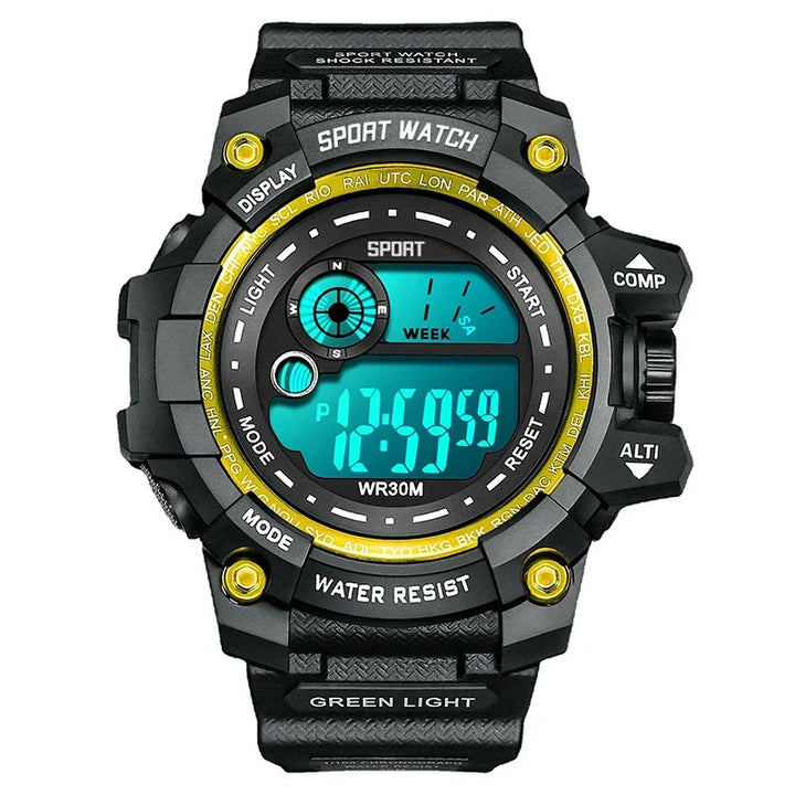 Tactical digital watch, black resin, blue LED display, large rugged style, sport chronograph.