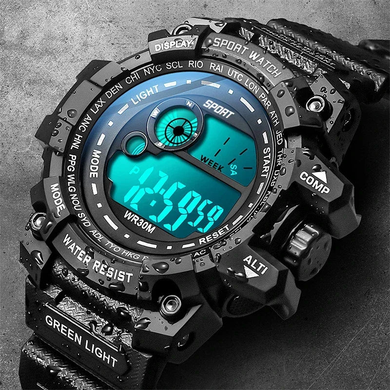 Black digital tactical watch with illuminated blue face, rugged resin case, water-resistant style