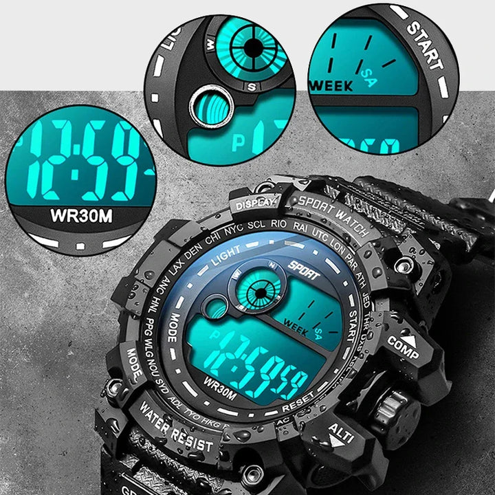 Tactical digital watch with black resin strap, blue LED display, rugged waterproof sport style