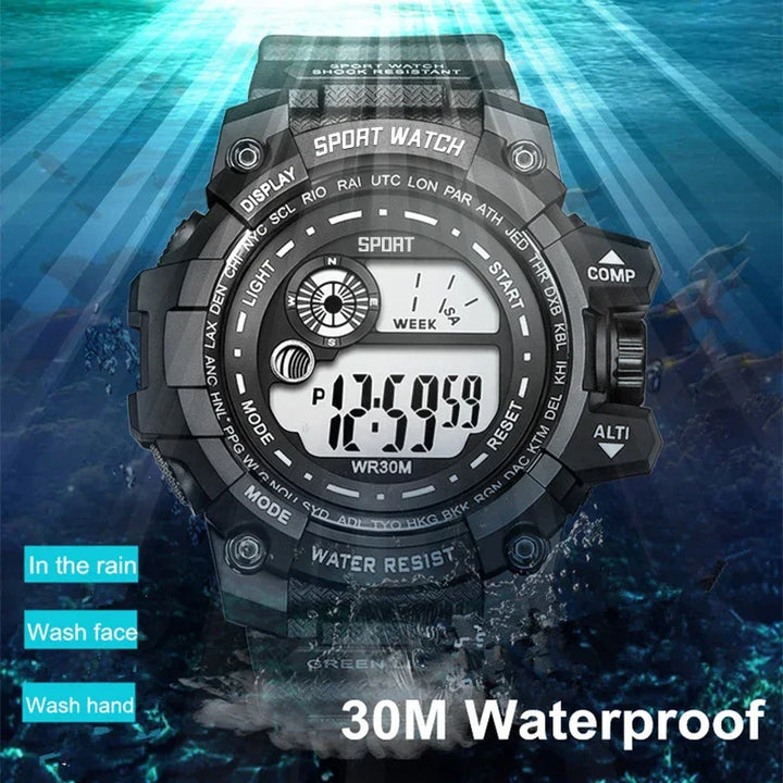 Black digital tactical sport watch with rugged design, resin band, and 30M waterproof style underwater