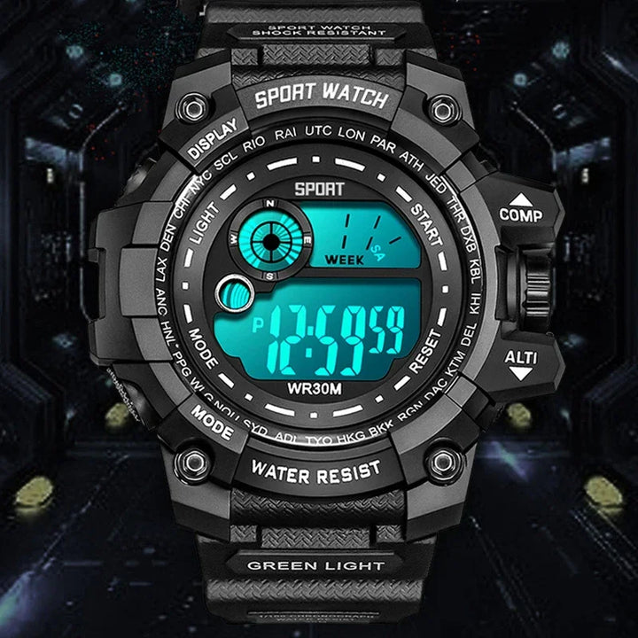 Tactical digital watch, black resin material, military style, blue LED display, rugged sports design.