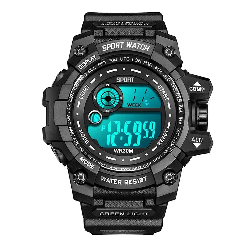 Tactical digital watch with black resin band, LED display, and rugged, sporty style.