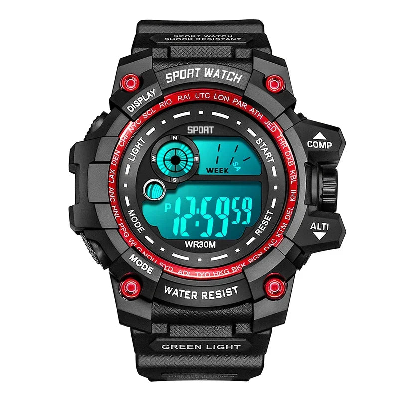 Tactical digital watch, black resin, blue backlight, multifunctional sport style design.