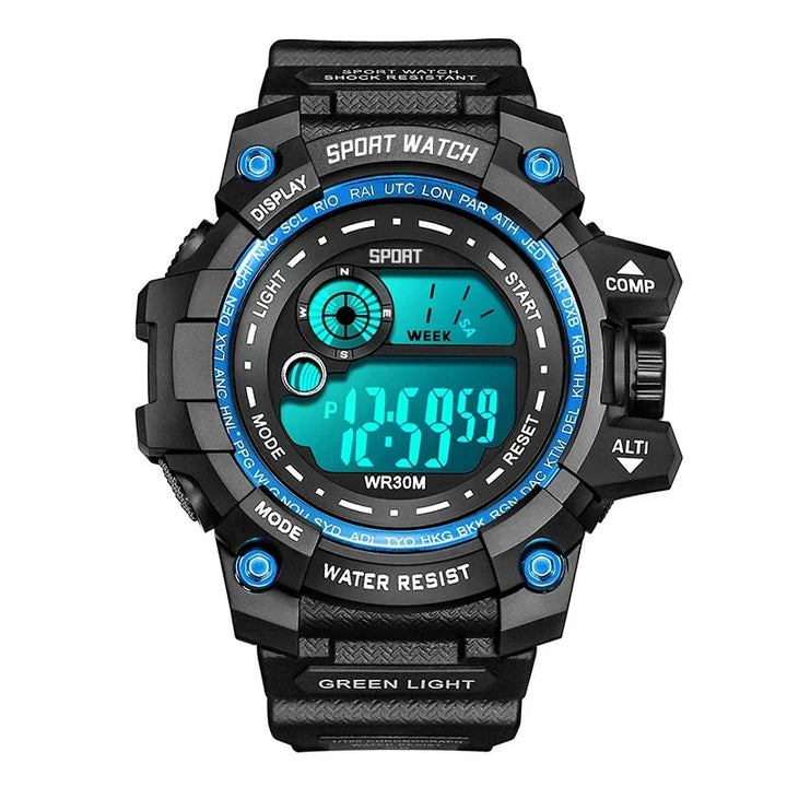 Tactical digital watch, black resin, blue accents, large display, rugged sporty style.