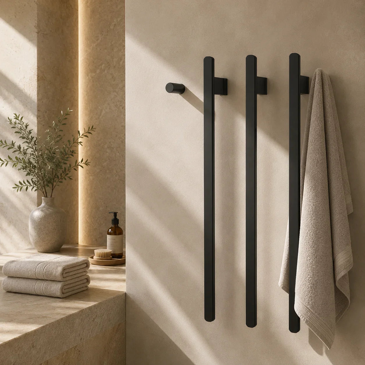 Matte black wall-mounted towel bars for bathroom organization, holding beige towels in modern decor