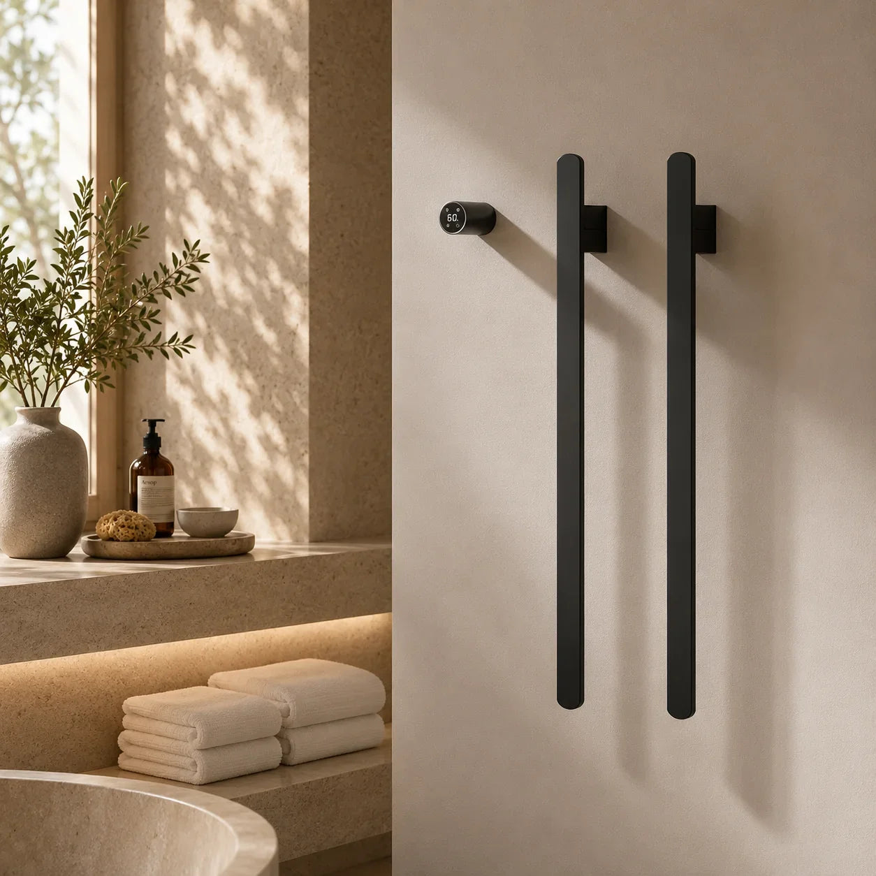 Black matte wall-mounted towel warmer with digital thermostat in modern bathroom