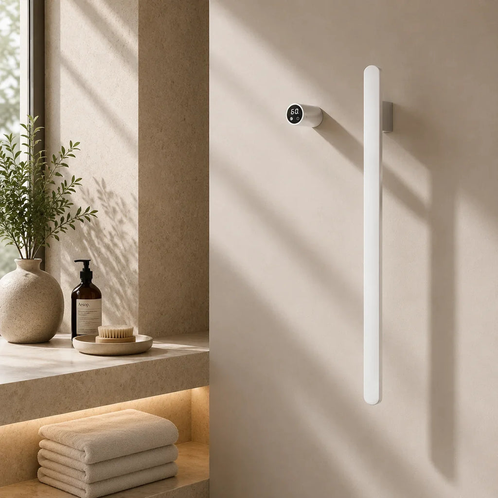 White modern wall-mounted bathroom light with digital timer, sleek design for contemporary bathroom lighting and organization