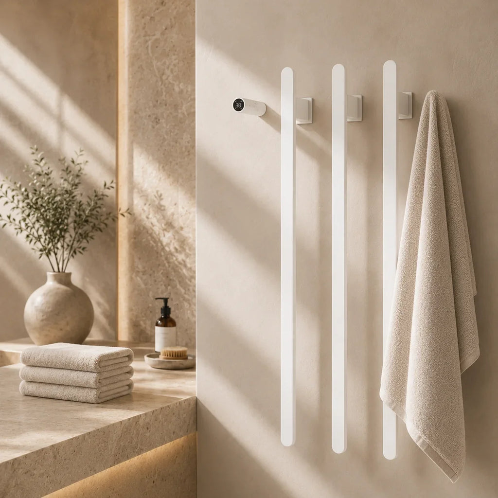 White vertical heated towel rack with digital temp display, mounted in modern bathroom, holding beige towel