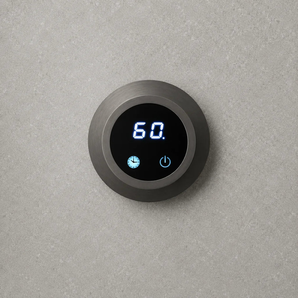 Round brushed metal digital timer displaying 60 seconds with clock and power icons, for kitchen or bathroom use