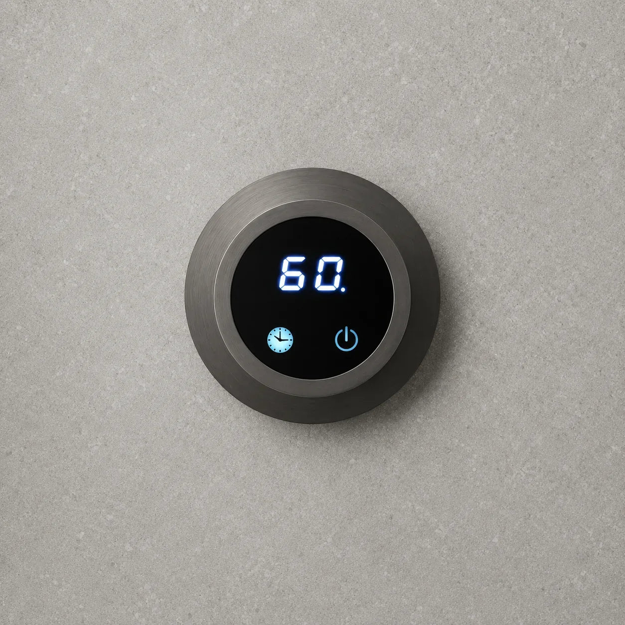 Round brushed metal digital timer displaying 60 seconds with clock and power icons, for kitchen or bathroom use