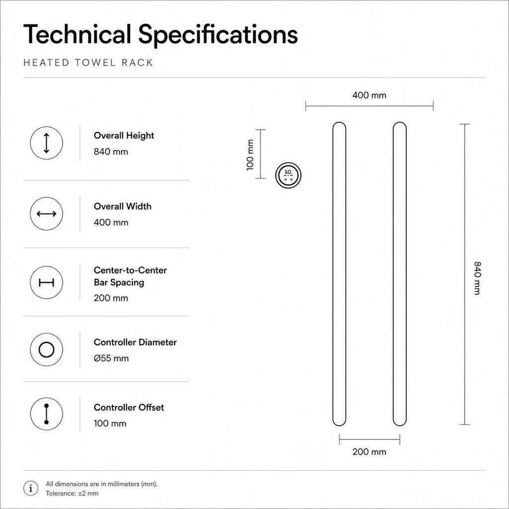 Heated towel rack technical specs: 840mm height, 400mm width, dual bars, wall-mounted bathroom accessory