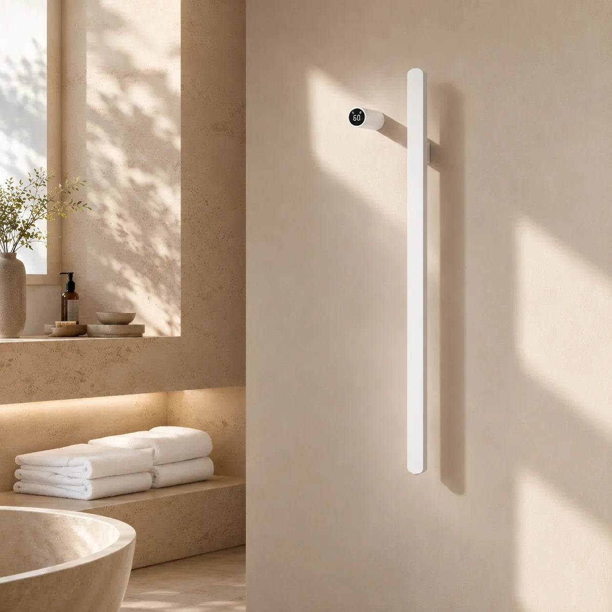 White modern bathroom towel warmer with digital temp display mounted on beige wall