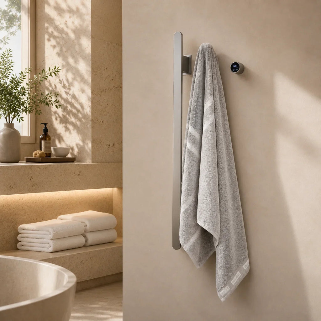 Gray striped towel on sleek silver wall-mounted rack in modern bathroom with ambient lighting