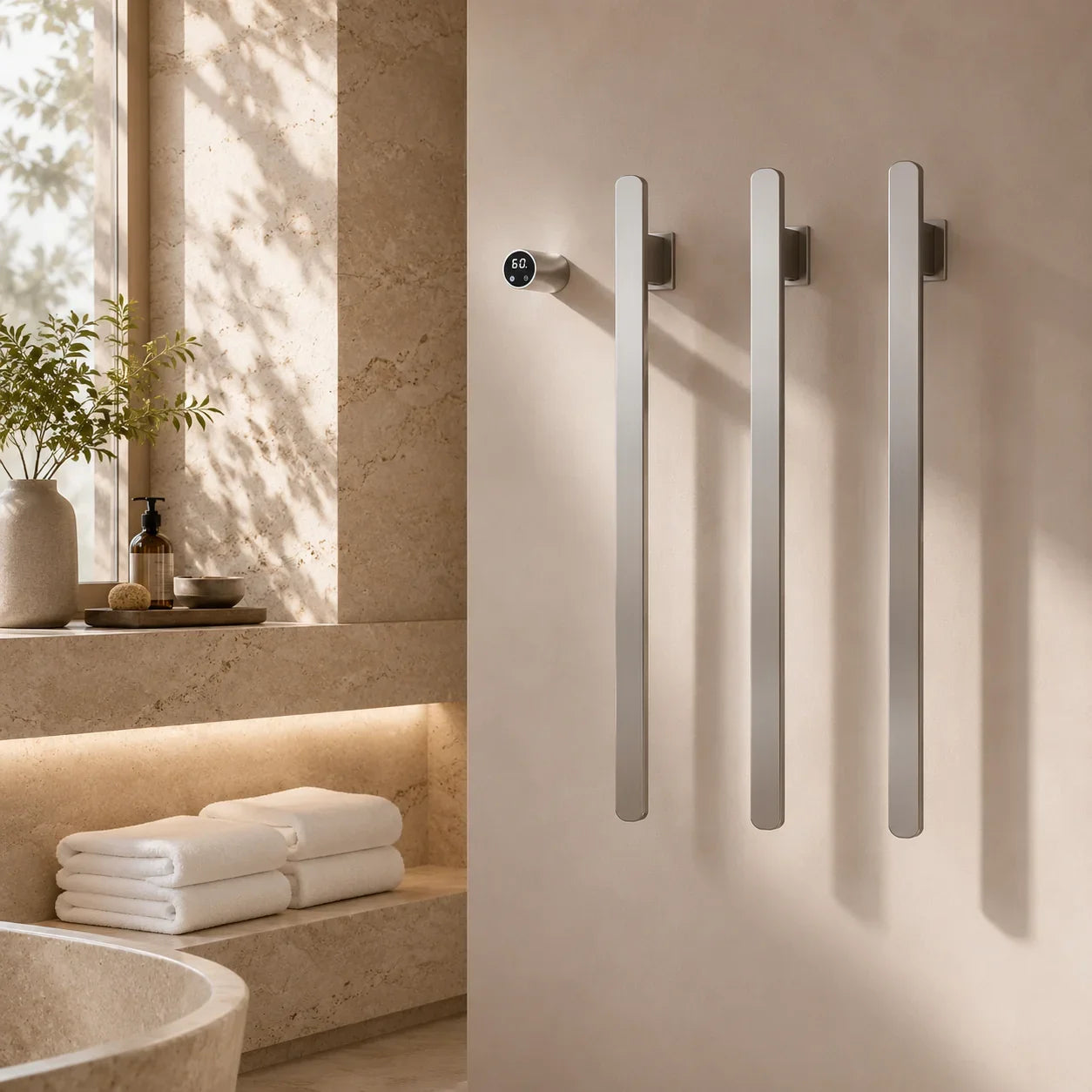 Modern brushed nickel towel warmer with digital thermostat mounted on bathroom wall beside stone bathtub