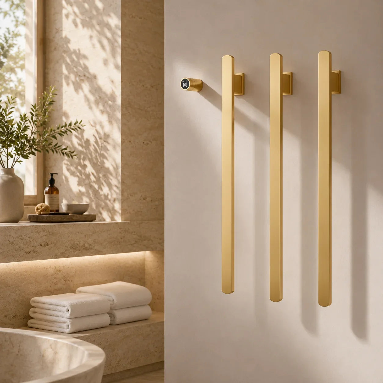 Brushed gold bathroom towel bars mounted on wall, modern minimalist design for luxury bath organization