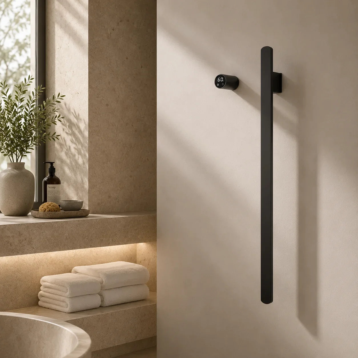 Matte black wall-mounted bathroom towel warmer with digital temperature display, modern minimalist design