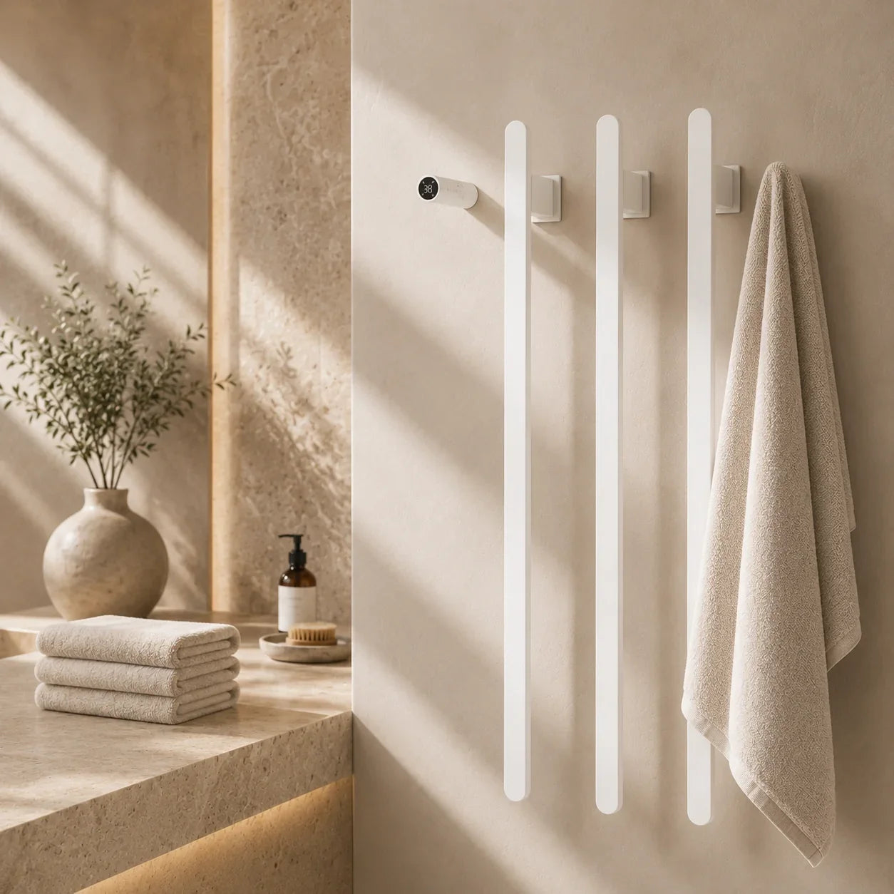 White vertical heated towel rack with digital thermostat mounted on bathroom wall, holding beige towel