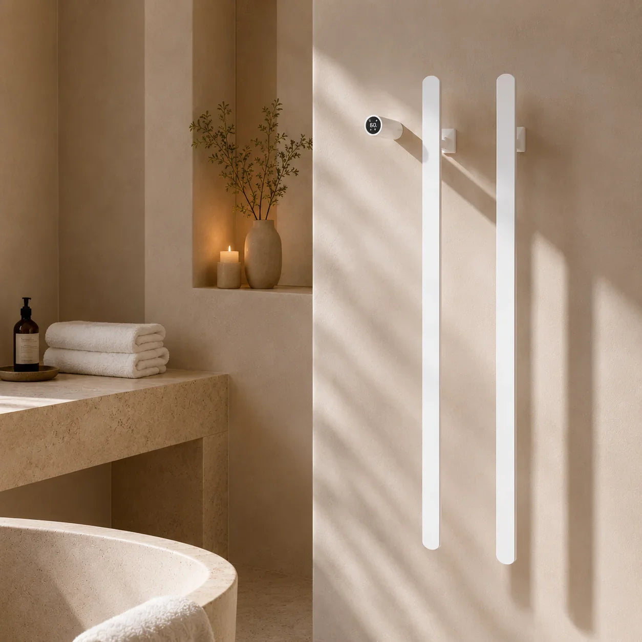 White vertical wall-mounted bathroom heater with digital thermostat, modern minimalist design for cozy bathroom ambiance