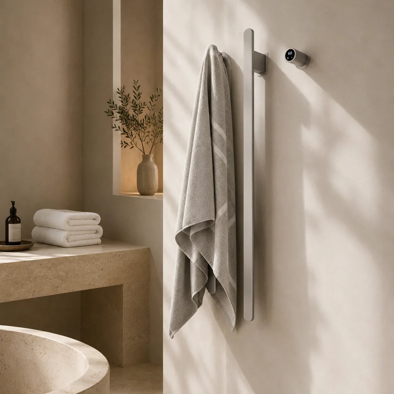 Modern wall-mounted heated towel rack with digital display, holding a gray towel in a minimalist bathroom