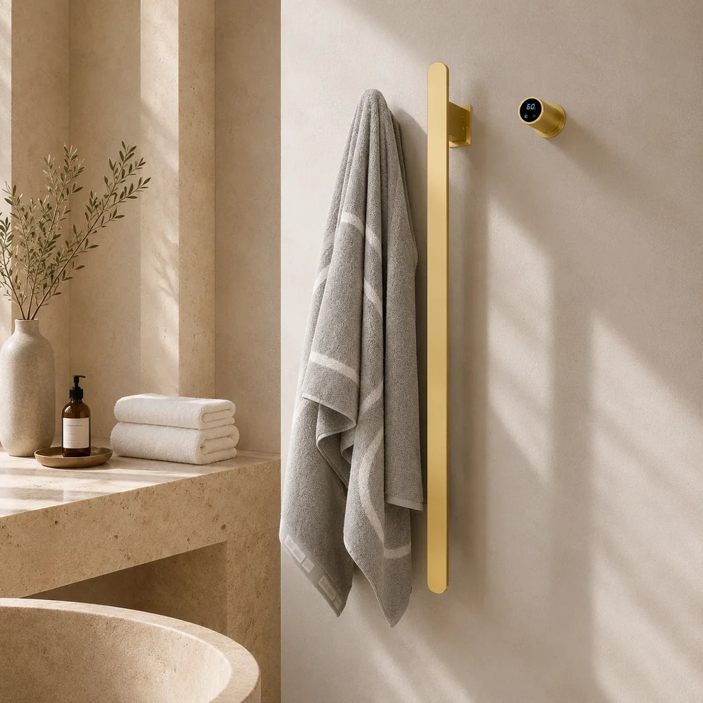 Gold towel bar with digital timer, holding gray striped towel in modern bathroom