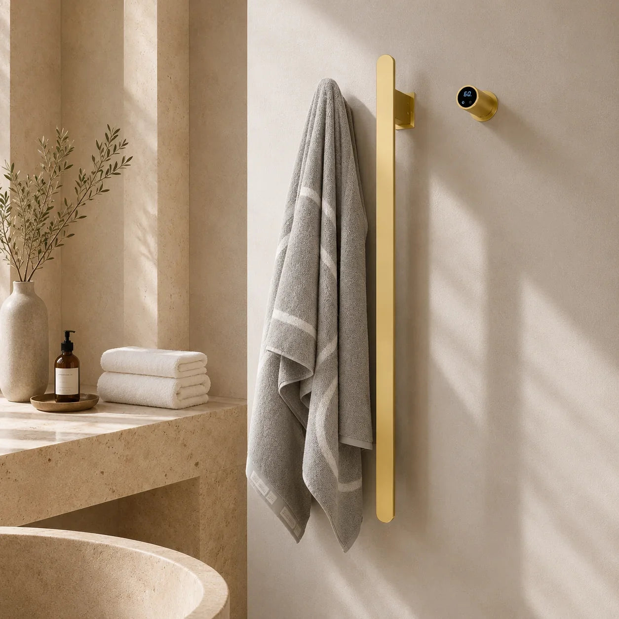 Gold towel bar with digital timer, holding gray striped towel in modern bathroom