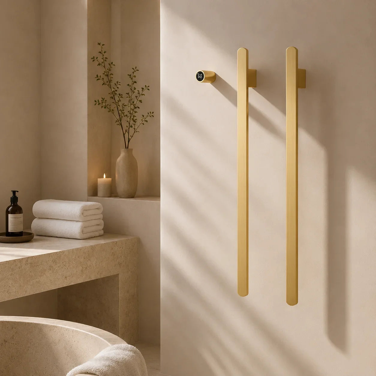 Brushed gold bathroom towel bars mounted on beige wall, modern minimalist design for premium home organization
