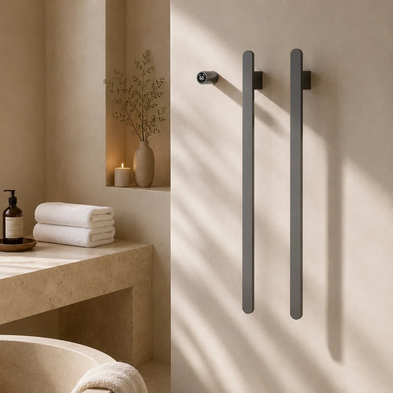 Matte black bathroom towel bars mounted on beige wall, modern minimalist design for premium home organization