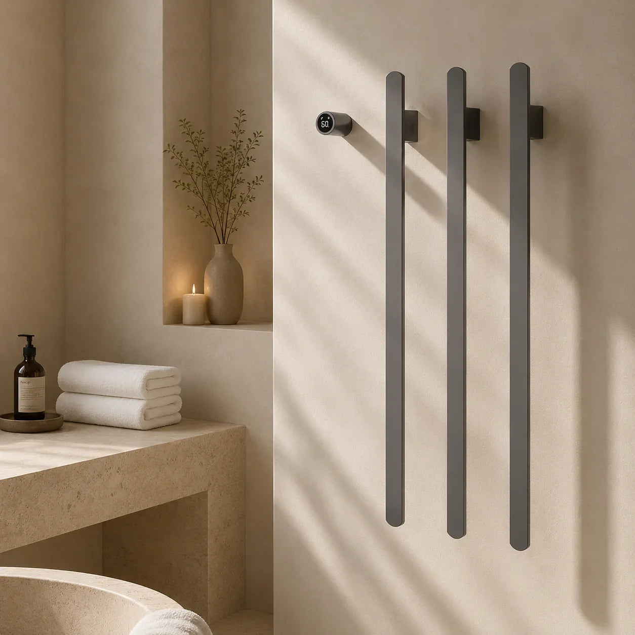 Modern matte black wall-mounted towel warmer with digital thermostat in minimalist bathroom