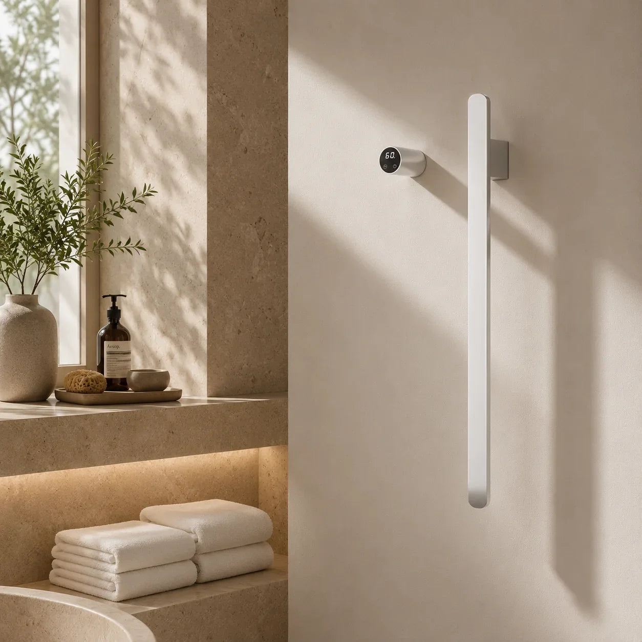 White modern bathroom grab bar with digital temperature display mounted on beige wall near window
