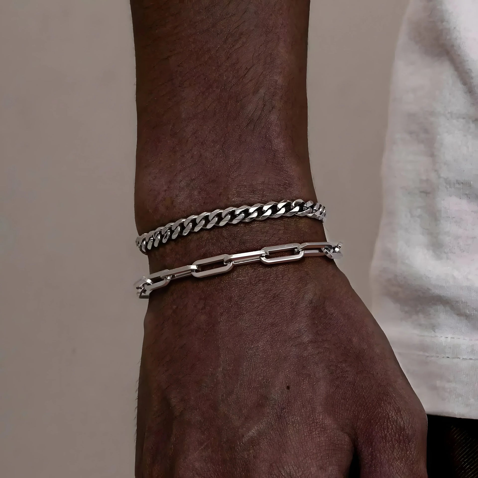Silver curb and link chain bracelets for men, minimalist style, stainless steel, everyday wear