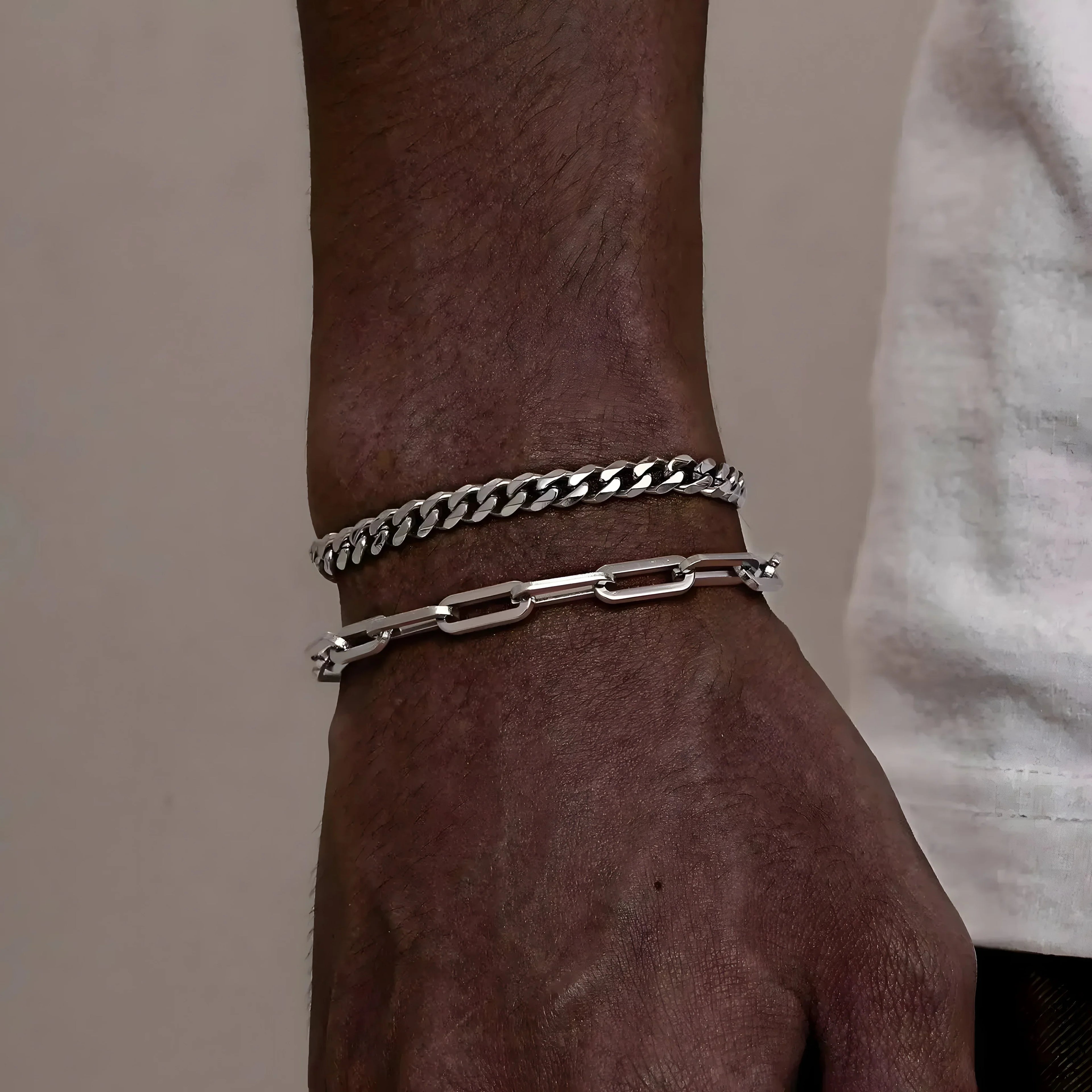 Silver curb and link chain bracelets for men, minimalist style, stainless steel, everyday wear