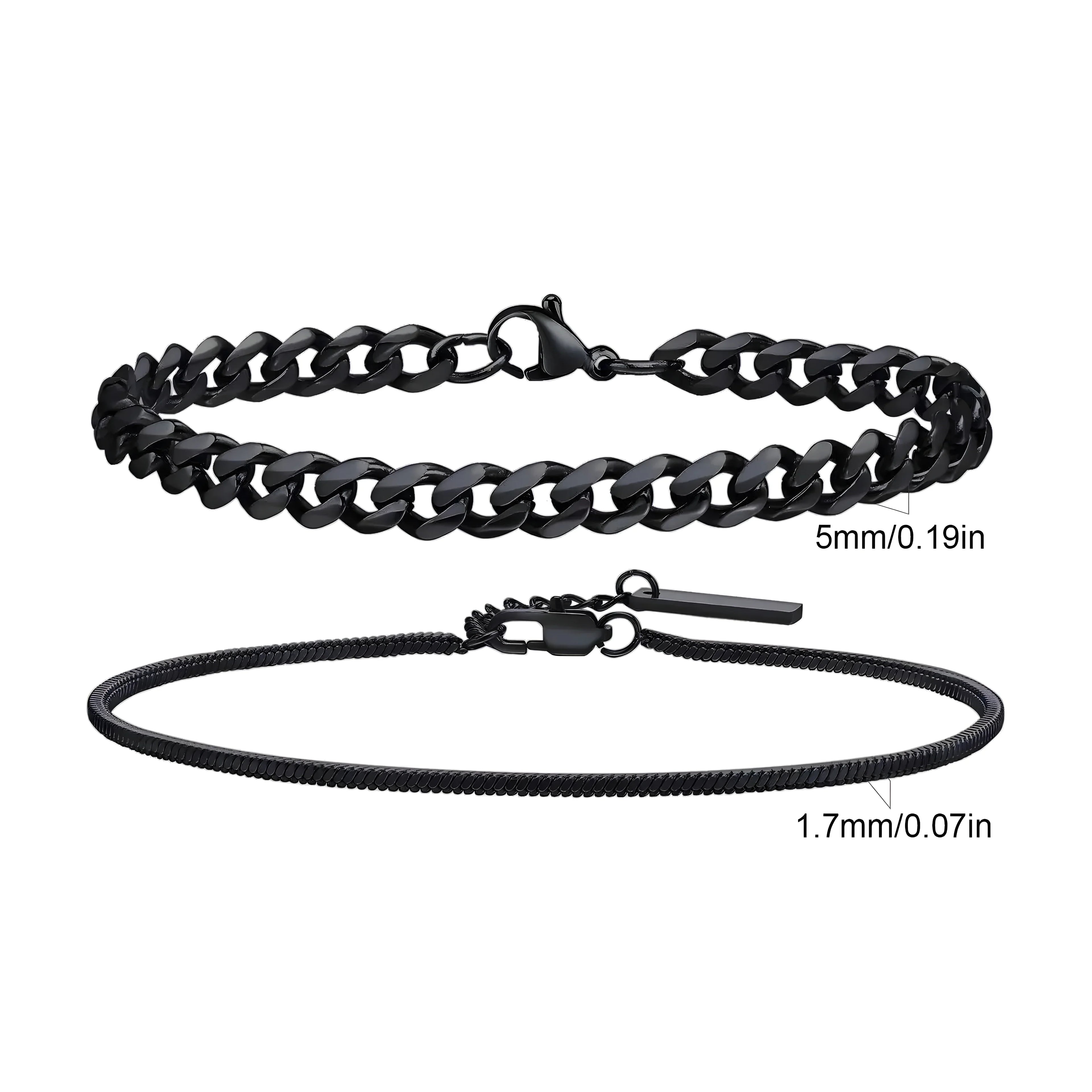 Black stainless steel curb chain necklace, 5mm, and snake chain, 1.7mm, minimalist style for everyday wear