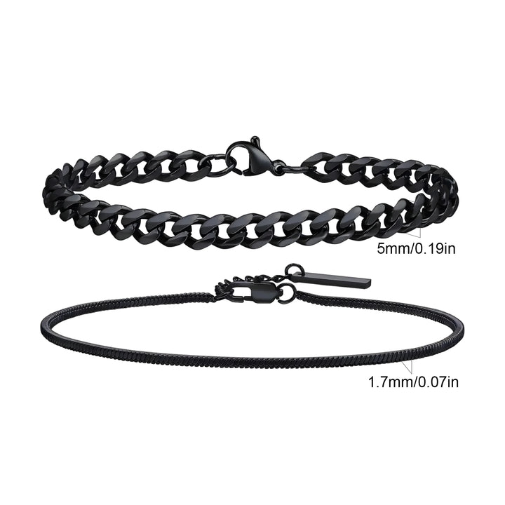 Black stainless steel curb chain necklace, 5mm, and snake chain, 1.7mm, minimalist style for everyday wear