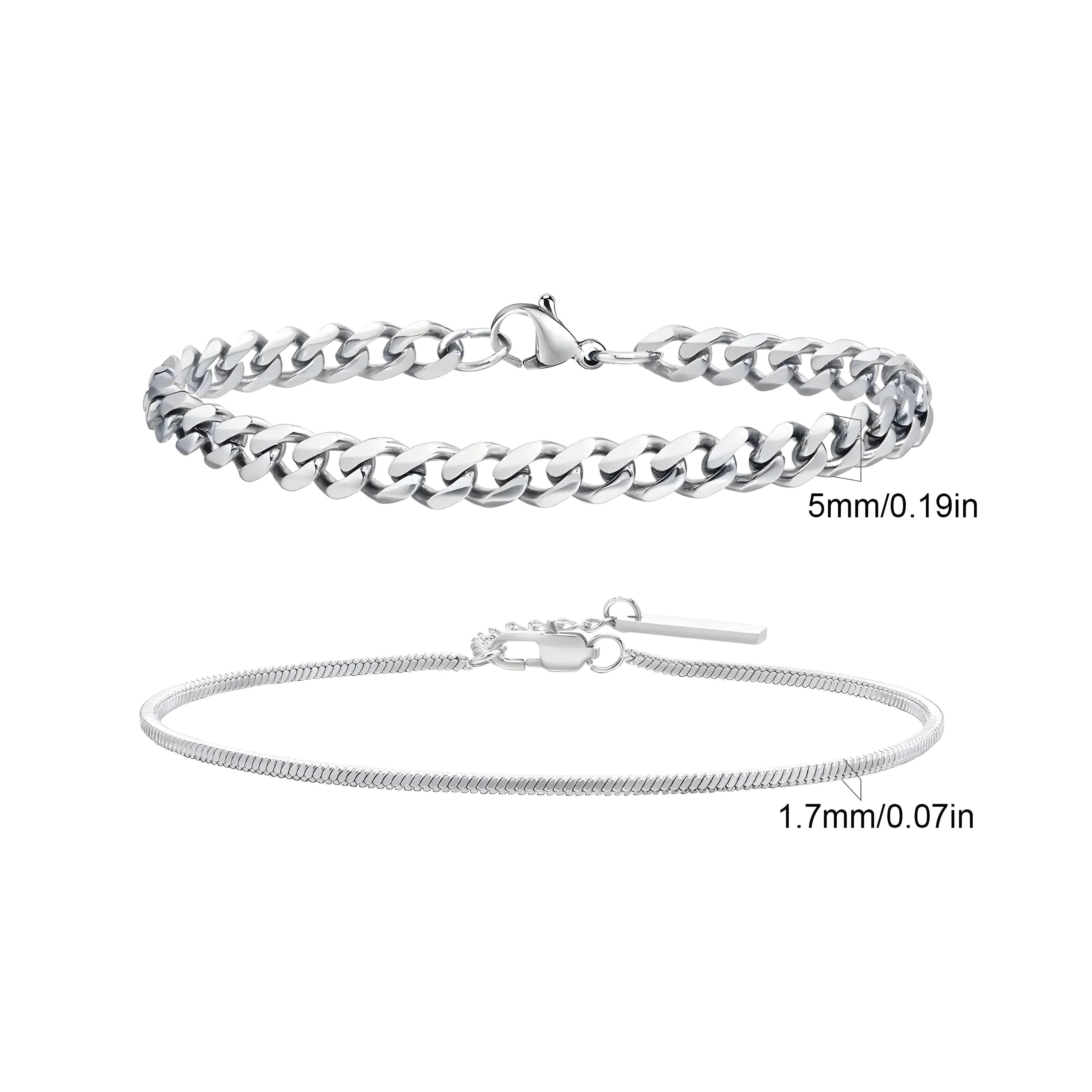Silver curb chain bracelet and snake chain necklace, 5mm & 1.7mm, minimalist style jewelry