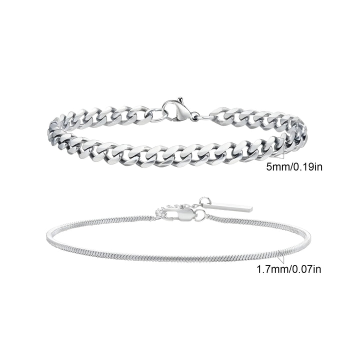 Silver curb chain bracelet and snake chain necklace, 5mm & 1.7mm, minimalist style jewelry