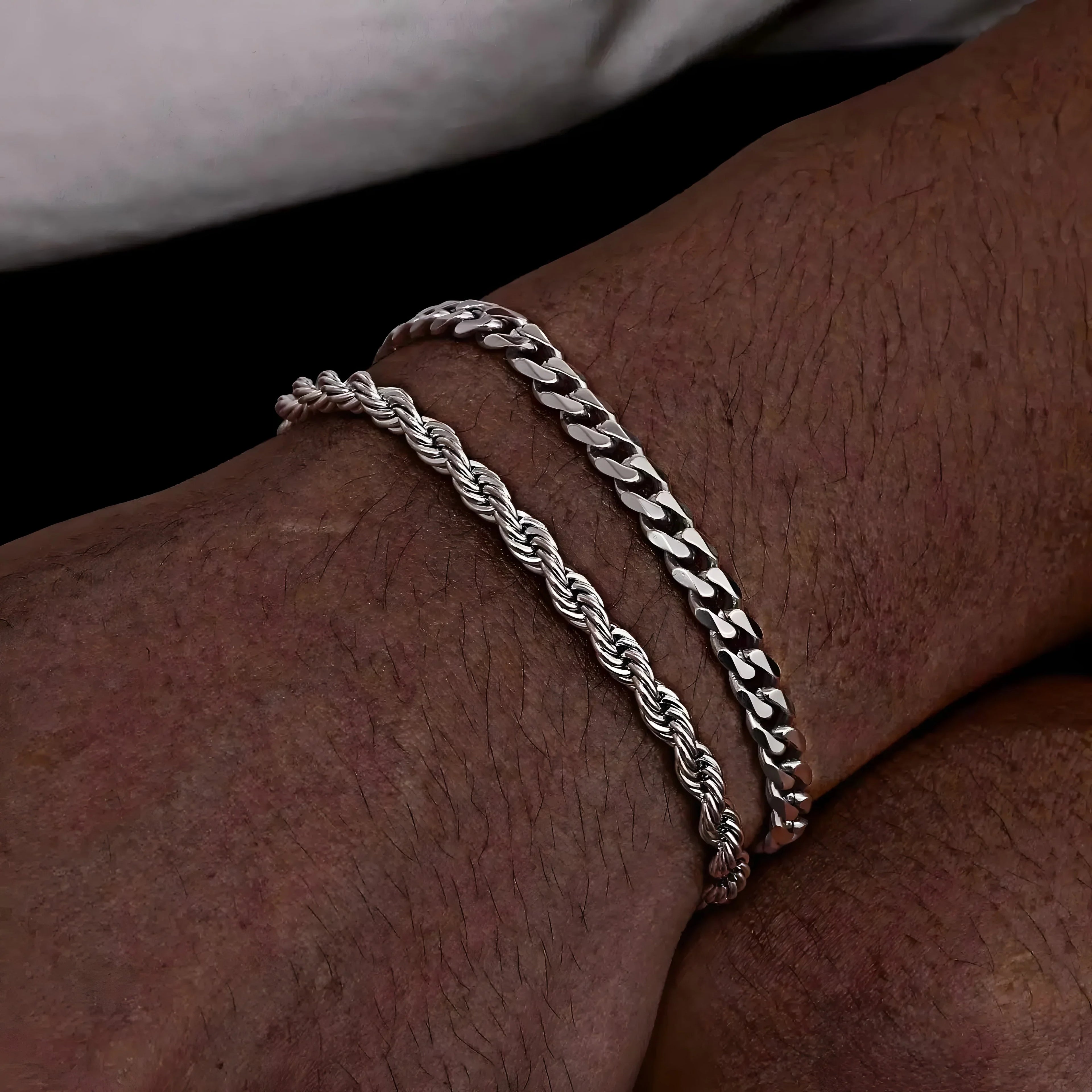 Silver rope and curb chain bracelets for men, minimalist style, stainless steel, sleek design