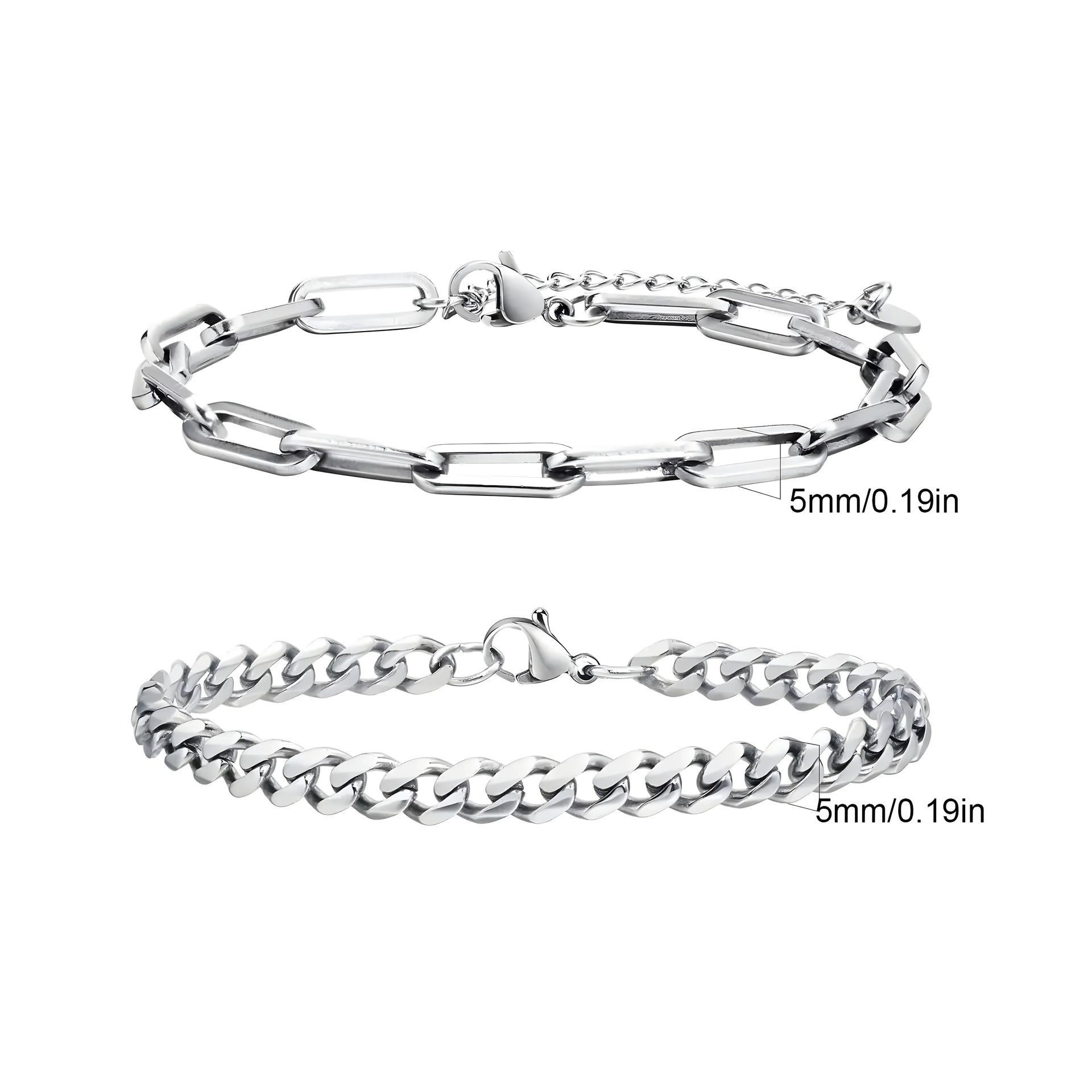 Silver link chain bracelets, 5mm width, minimalist style, stainless steel, everyday wear