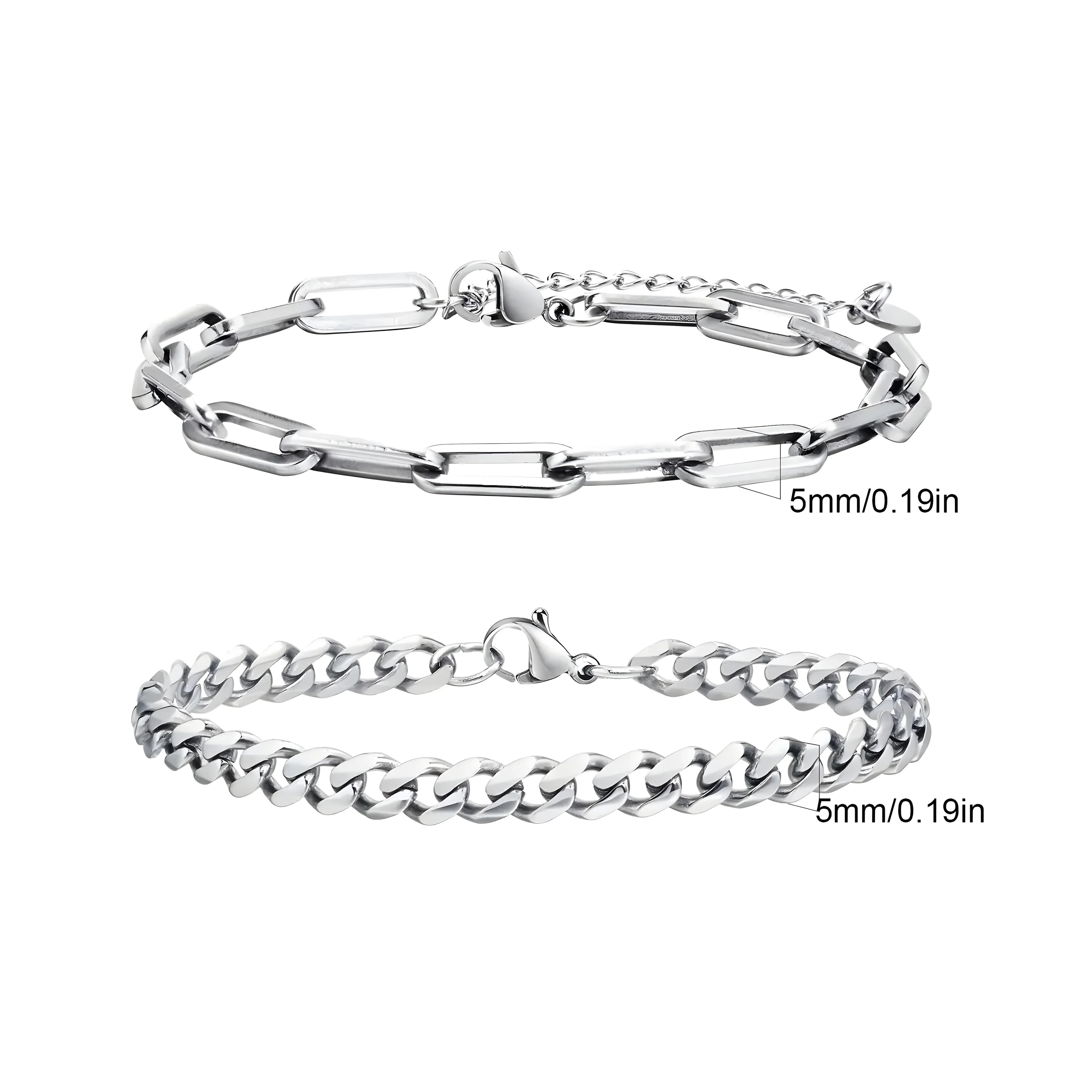 Silver link chain bracelets, 5mm width, minimalist style, stainless steel, everyday wear