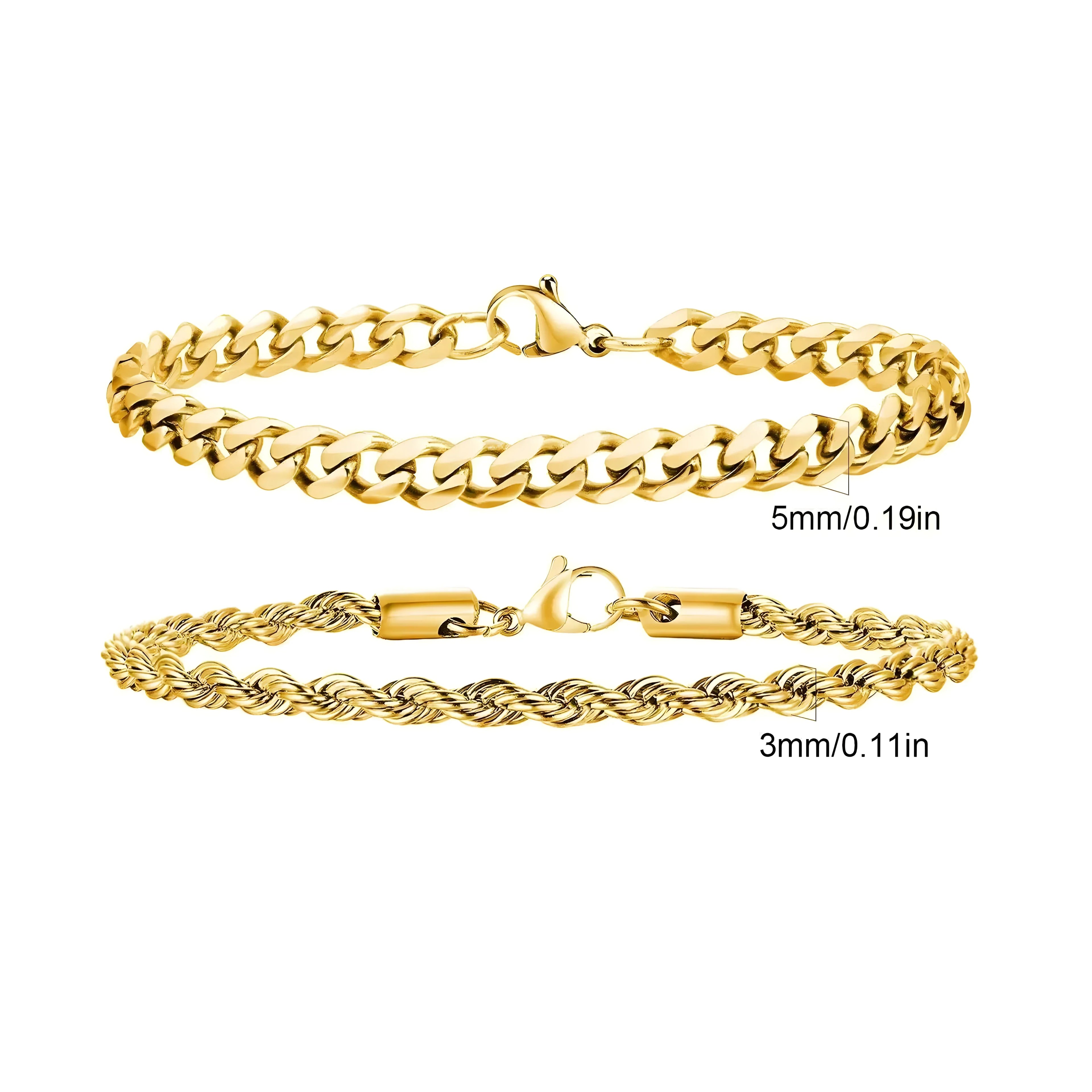 Gold chain bracelets, 5mm curb and 3mm rope styles, minimal design for everyday wear