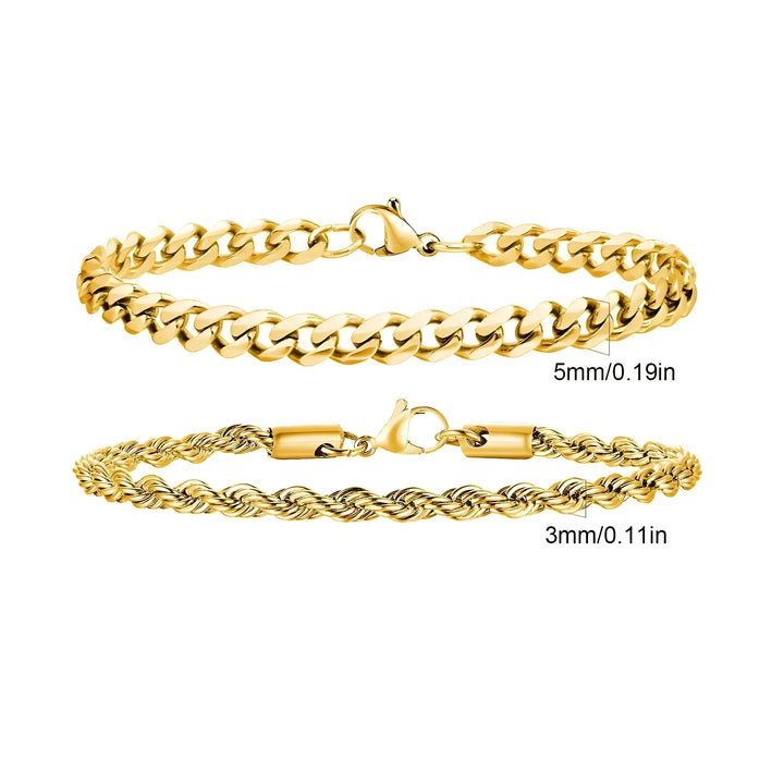Gold chain bracelets, 5mm curb and 3mm rope styles, minimal design for everyday wear