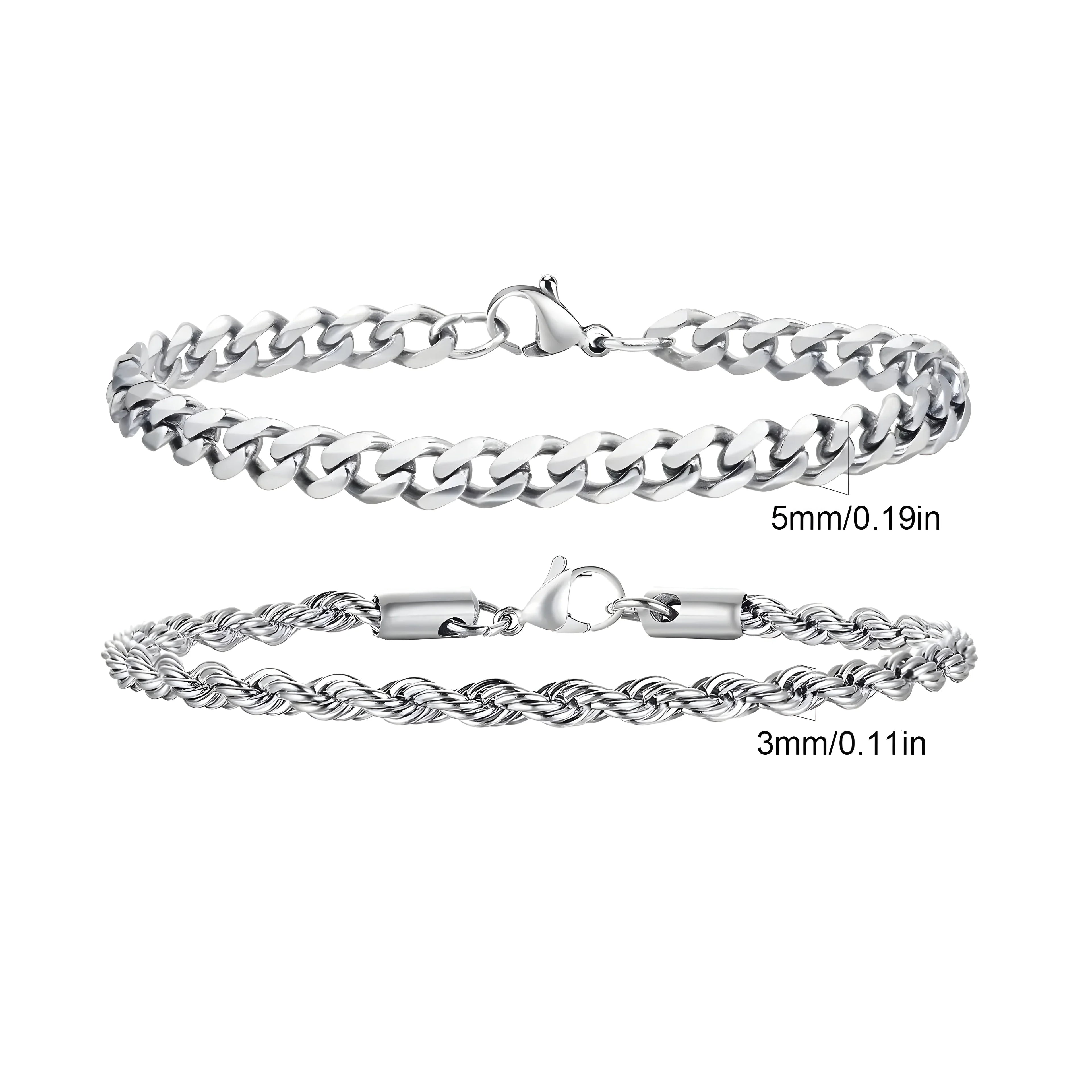 Silver curb and rope chain bracelets, 5mm & 3mm, minimalist style for everyday wear