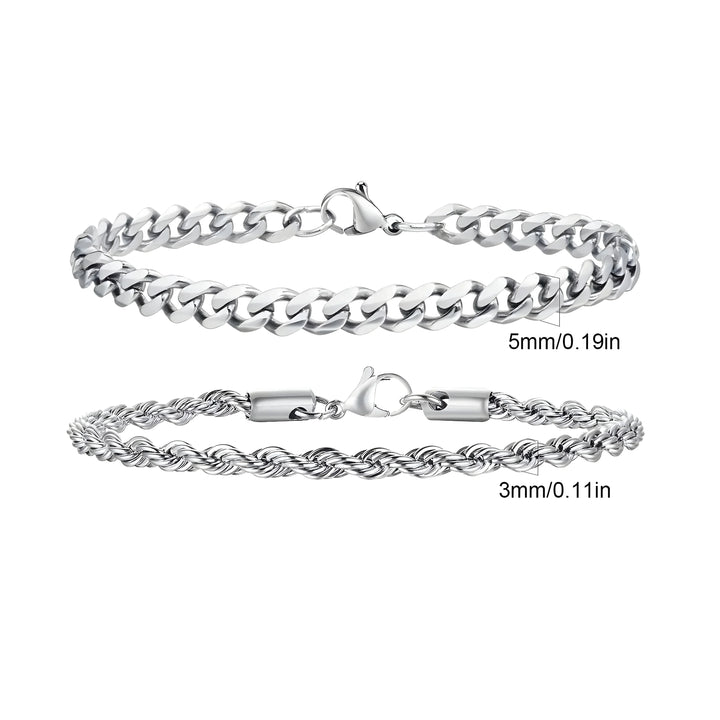 Silver curb and rope chain bracelets, 5mm & 3mm, minimalist style for everyday wear