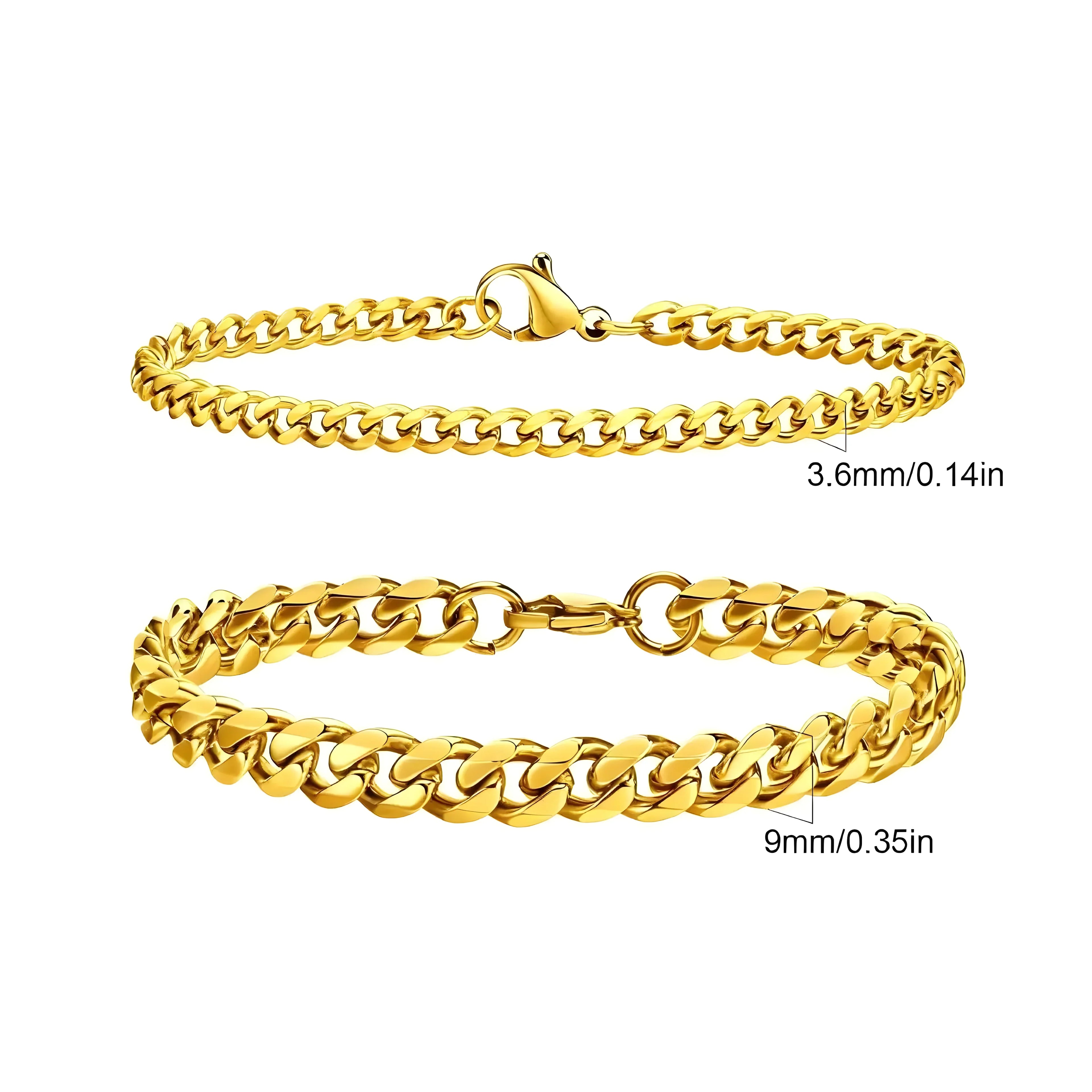 Gold chain bracelet in 3.6mm and 9mm widths, minimalist design for everyday wear