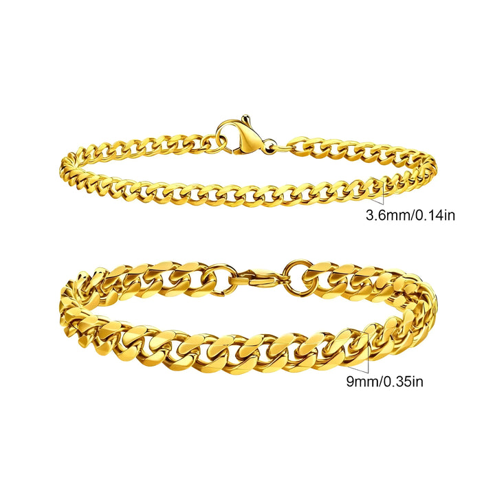 Gold chain bracelet in 3.6mm and 9mm widths, minimalist design for everyday wear