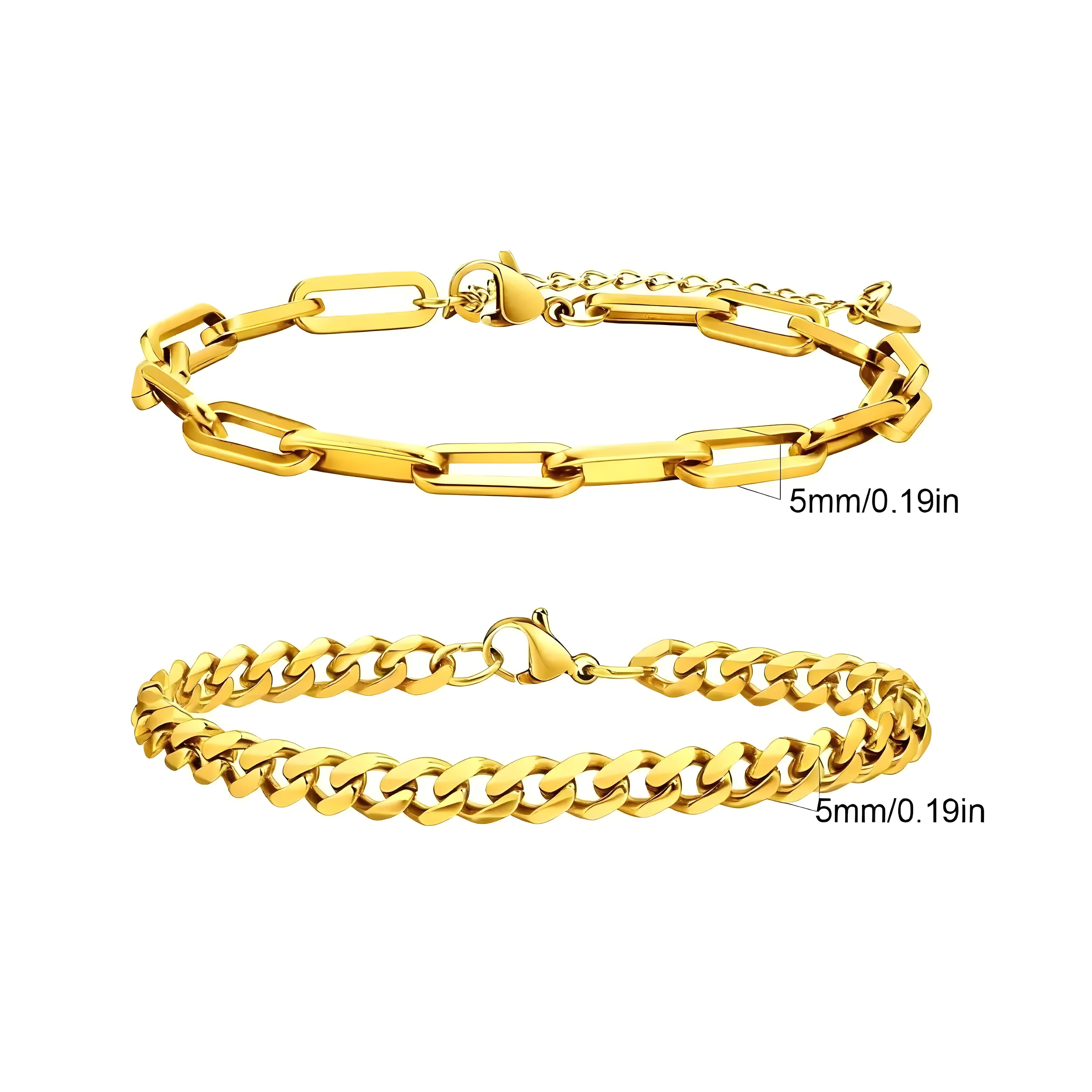 Gold chain bracelet set: 5mm Figaro and curb link styles, minimalist design for everyday wear