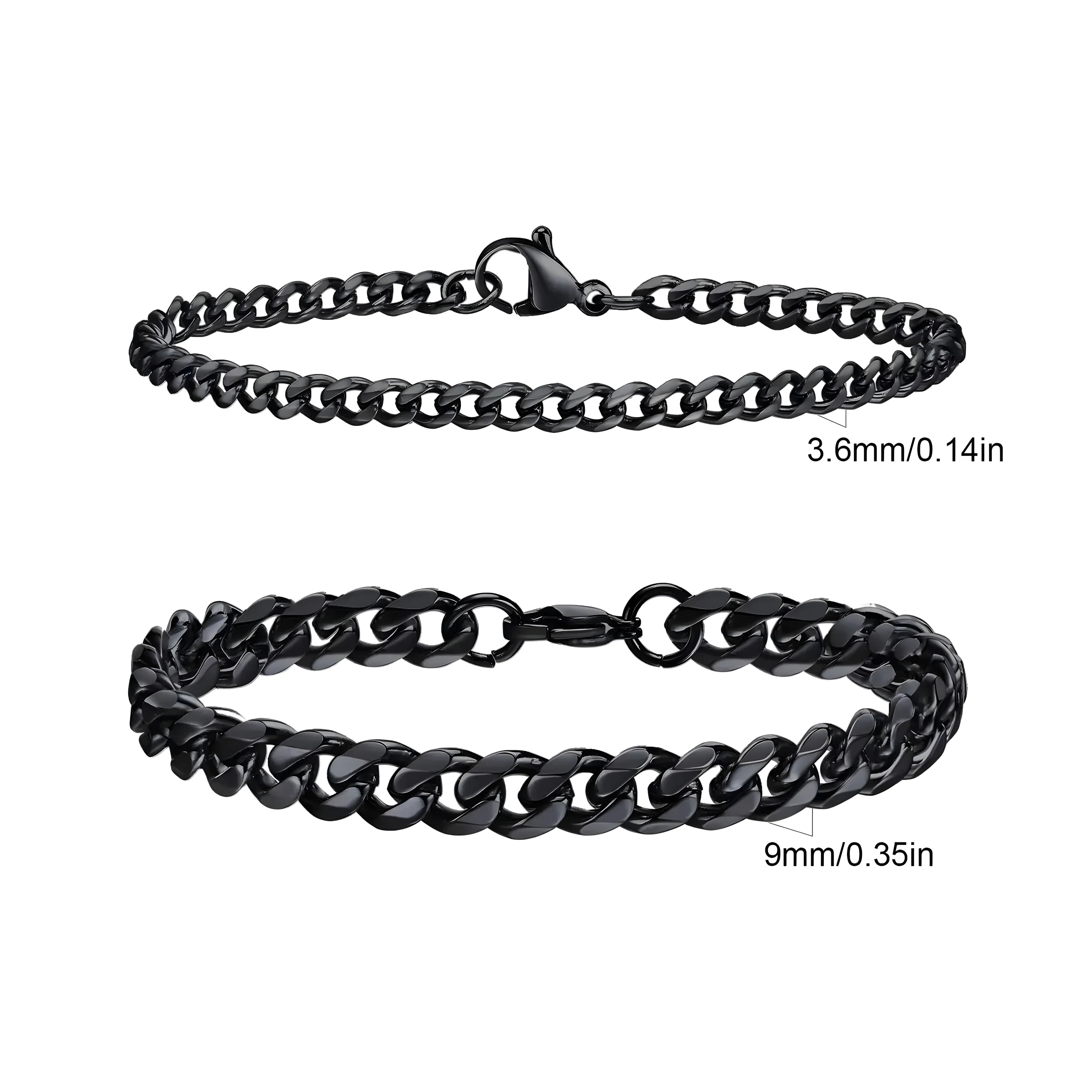 Black curb chain bracelets in 3.6mm and 9mm widths, minimalist style, stainless steel