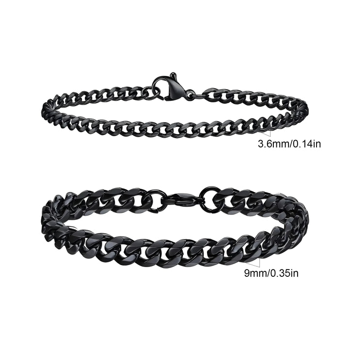 Black curb chain bracelets in 3.6mm and 9mm widths, minimalist style, stainless steel