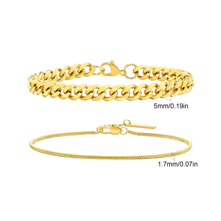 Gold curb chain necklace and snake chain bracelet, 5mm & 1.7mm, minimalist style jewelry