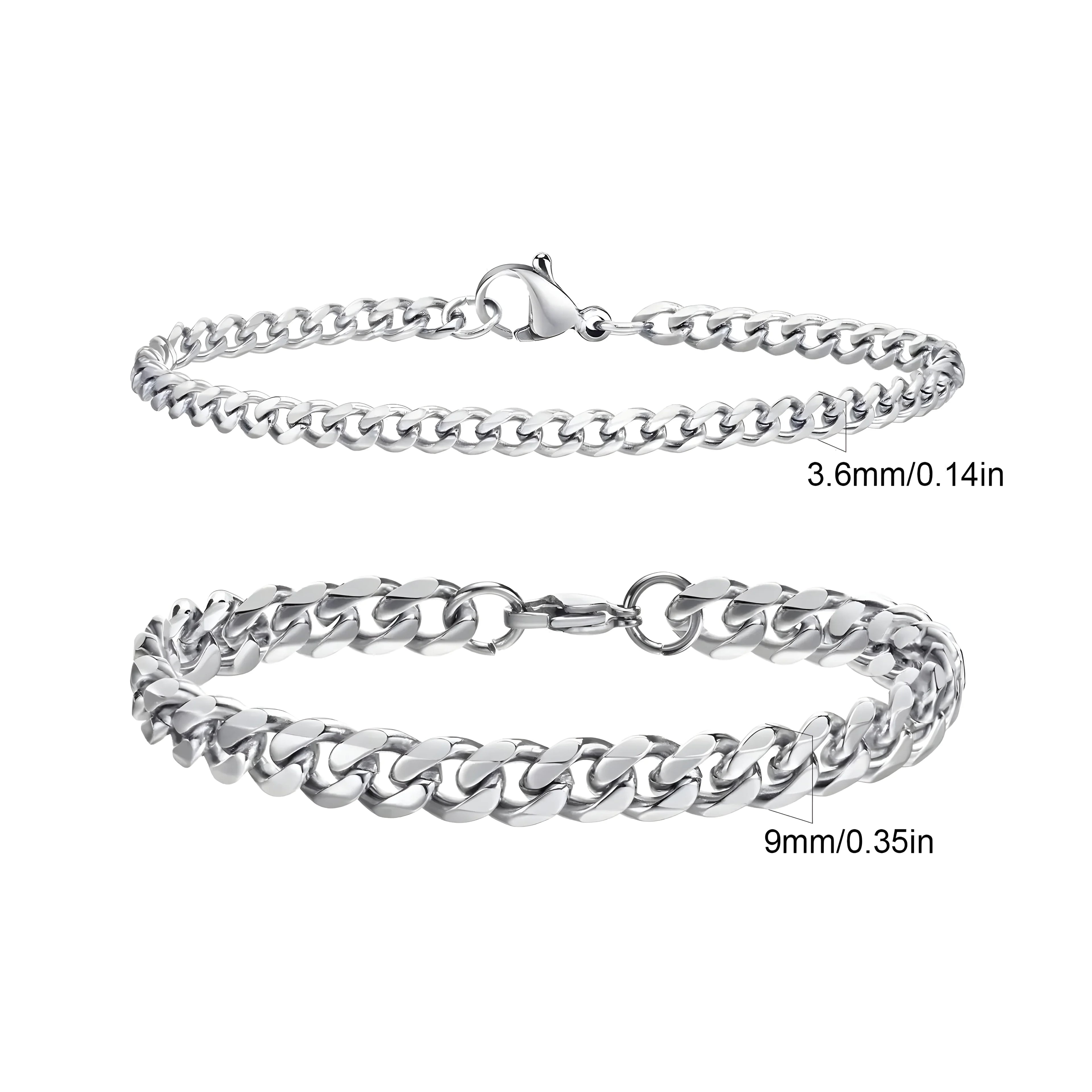 Silver curb chain bracelet, 3.6mm and 9mm widths, minimalist style for everyday wear