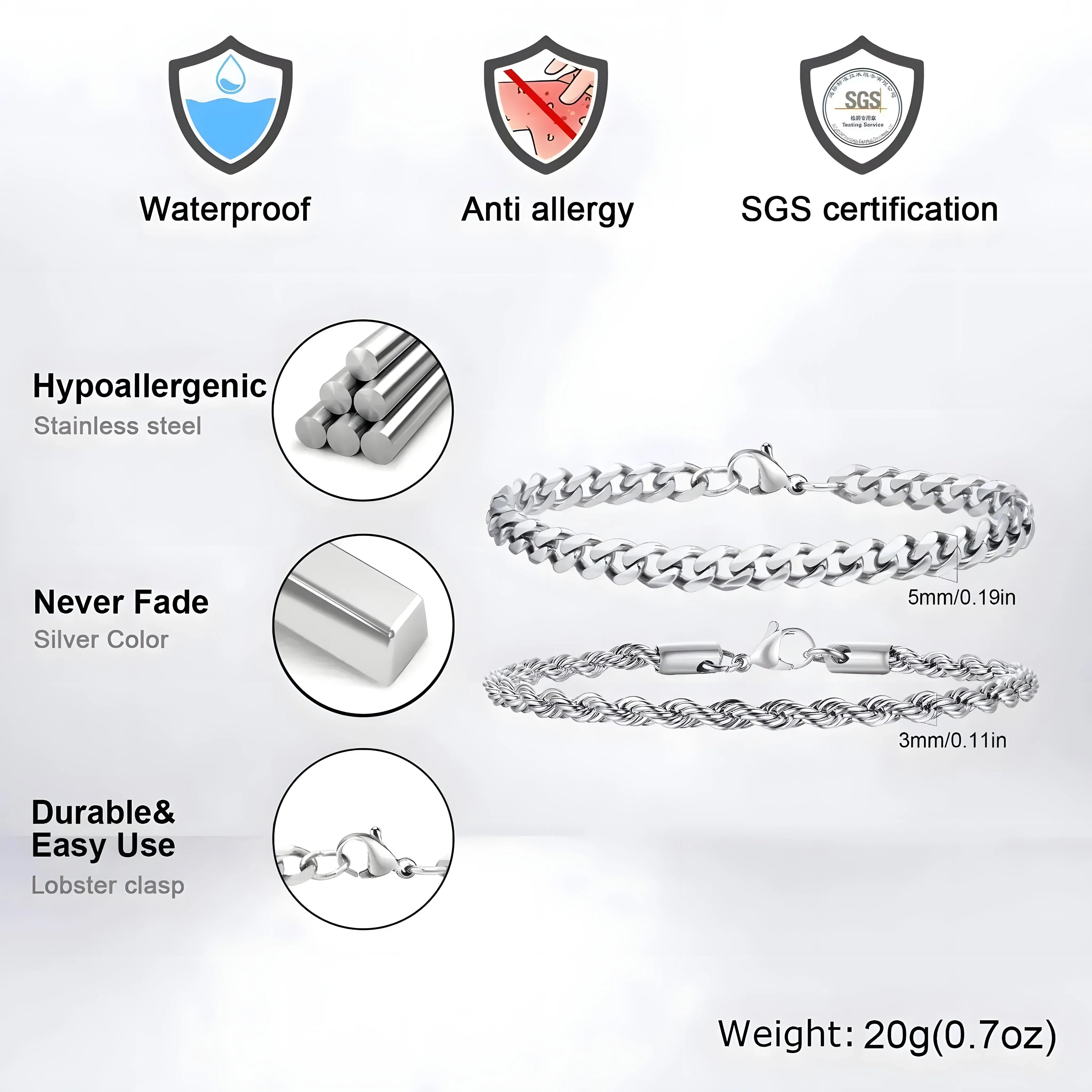 Silver stainless steel chain necklace, 5mm curb & 3mm rope styles, hypoallergenic, waterproof, lobster clasp